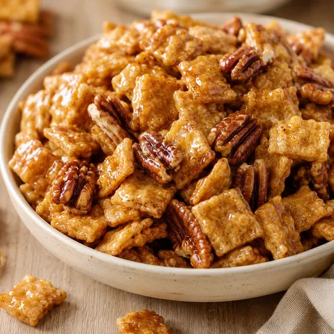 Praline caramel cereal crunch with pecans in a cream bowl
