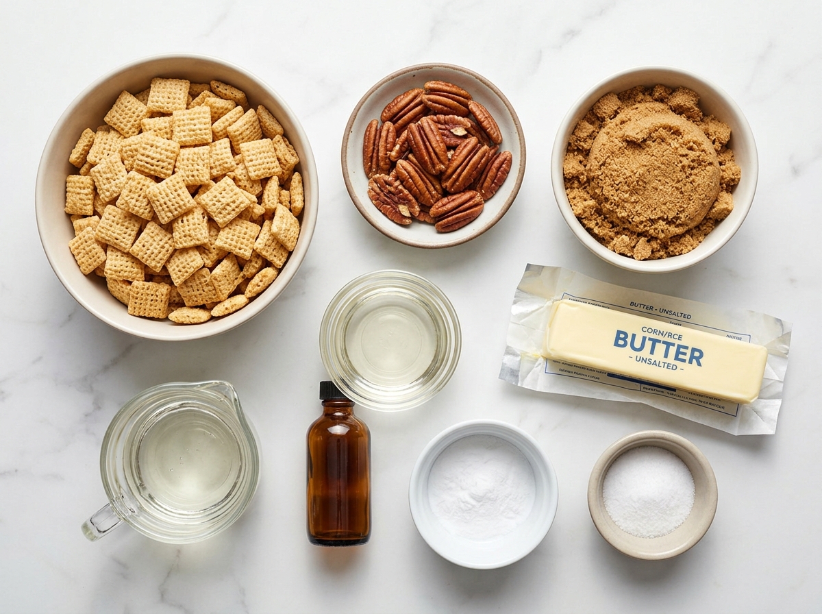 Ingredients for praline caramel cereal crunch with pecans and vanilla