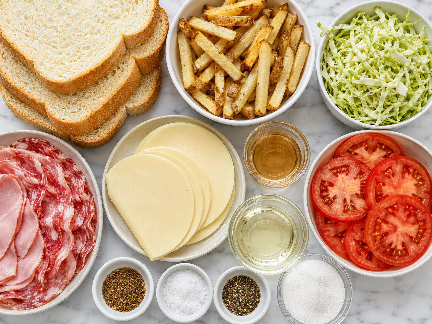 Ingredients for a Primanti Classic Sandwich with bread, fries, slaw, meat, and cheese