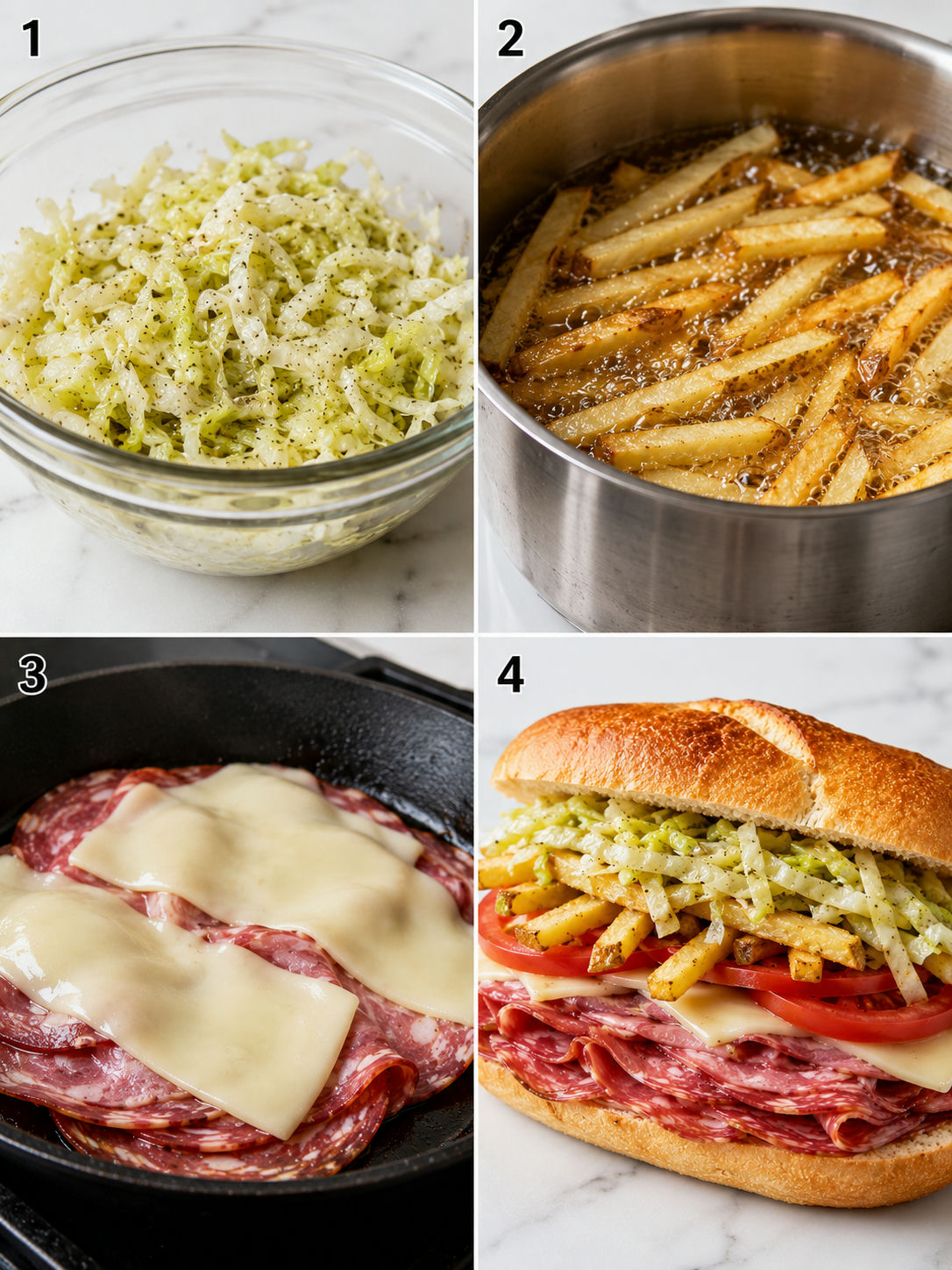 Steps for making a Primanti Classic Sandwich with slaw, fries, meat, and stacking