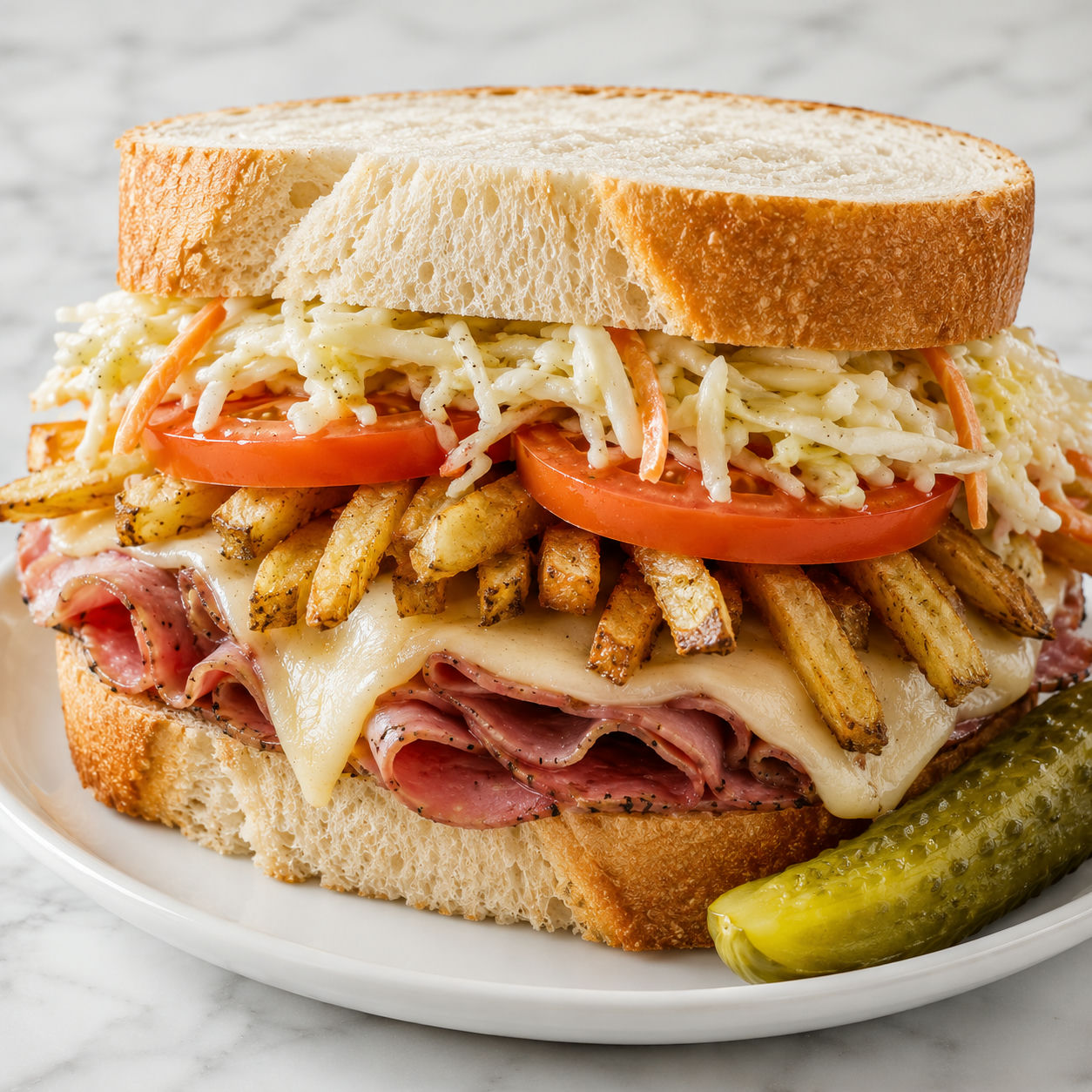 Primanti Classic Sandwich stacked high with fries, slaw, tomato, and provolone