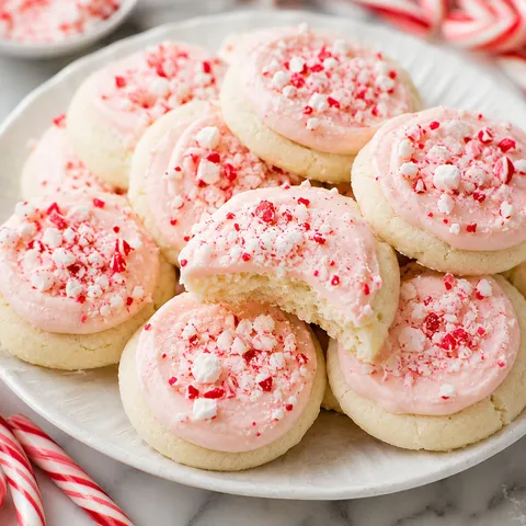 Peppermint meltaway cookies with pink frosting and crushed candy cane