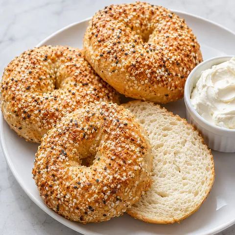 Golden cottage cheese protein bagels with everything seasoning on a white plate