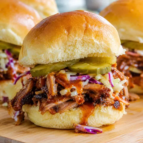 Pulled pork sliders on toasted Hawaiian rolls with tangy barbecue sauce and crisp slaw