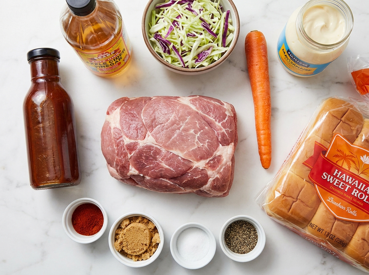 Raw ingredients for pulled pork sliders including pork shoulder, cabbage, and Hawaiian rolls
