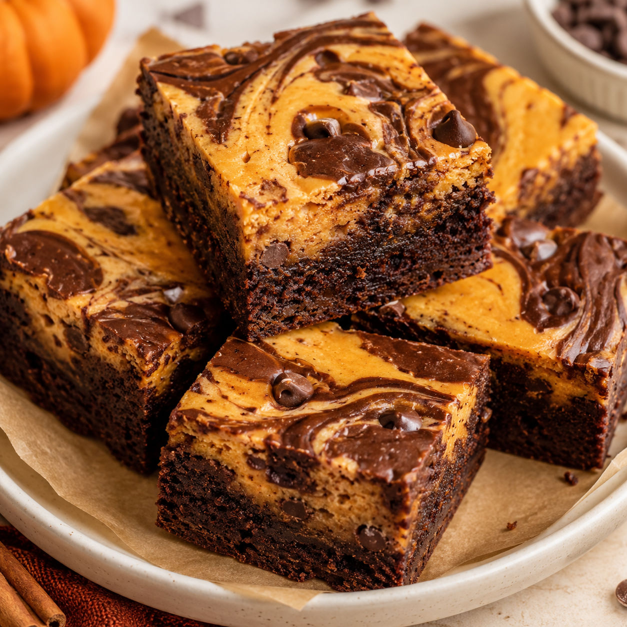 Pumpkin cheesecake brownies with fudgy chocolate and orange cream cheese swirls