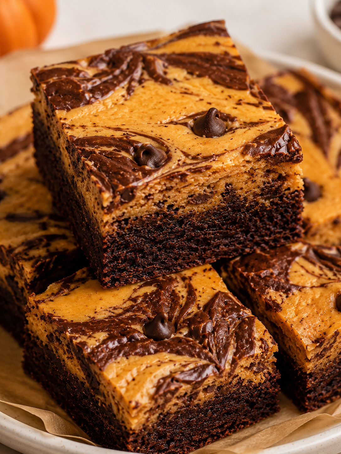 Pumpkin Cheesecake Brownies, plated and served