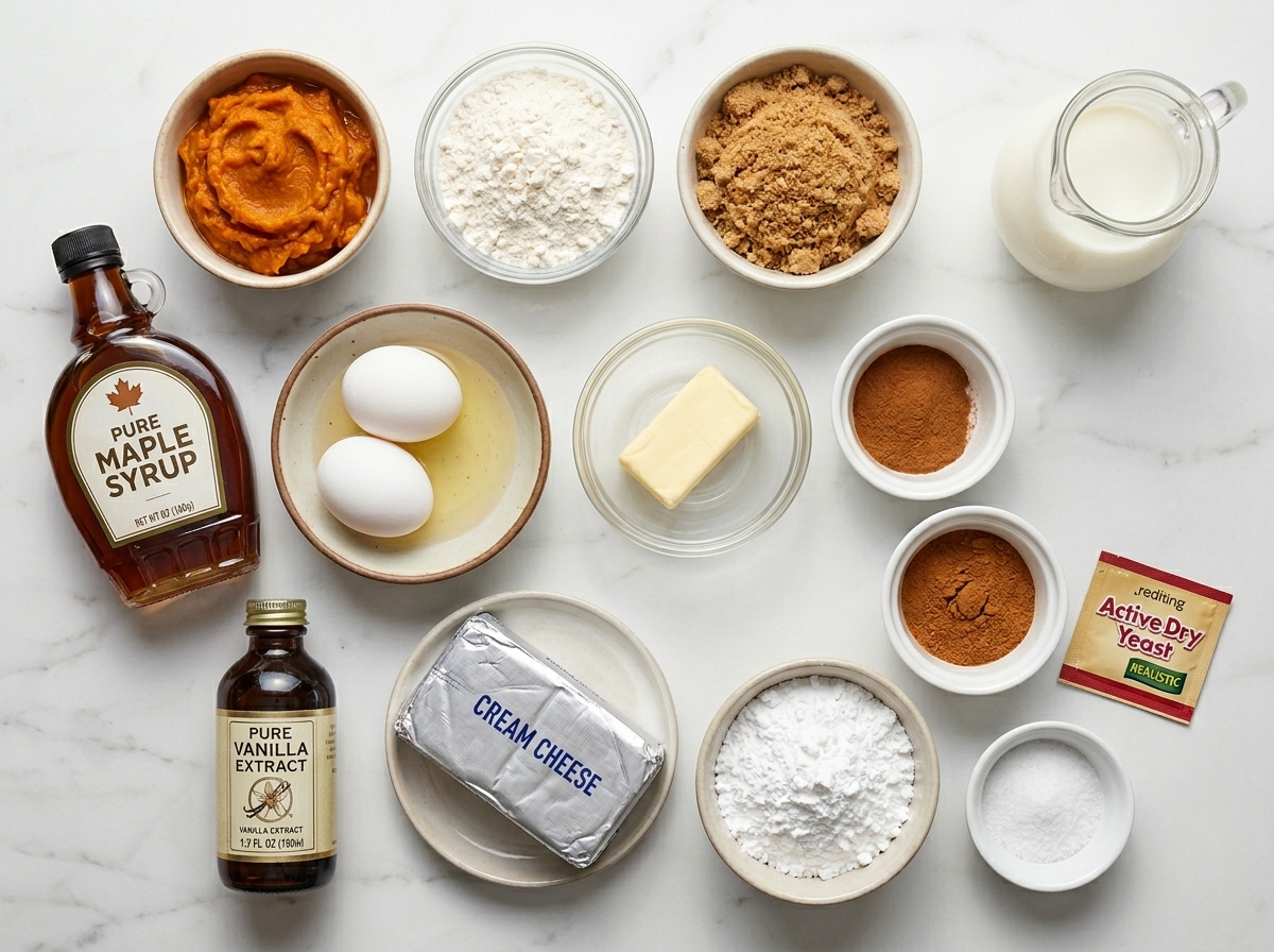 Ingredients for pumpkin cinnamon rolls with spices and cream cheese