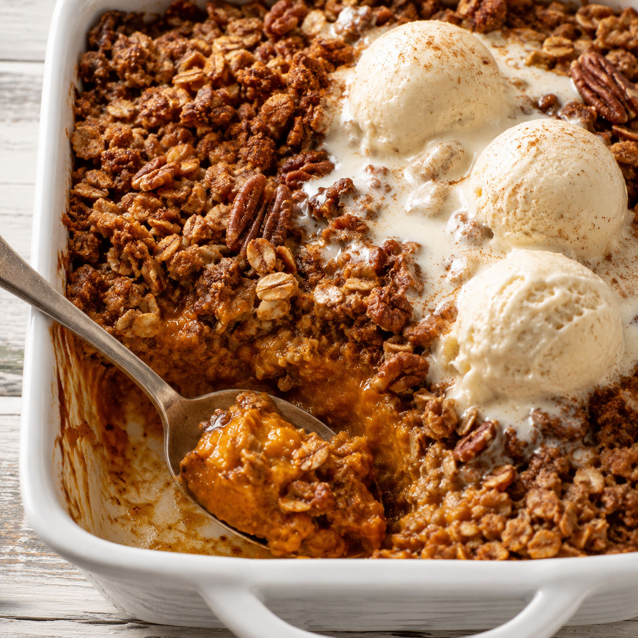 Pumpkin crisp with oat pecan topping and melting vanilla ice cream