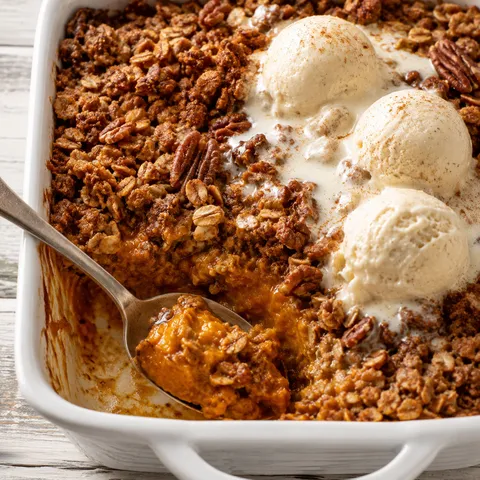 Pumpkin crisp with oat pecan topping and melting vanilla ice cream