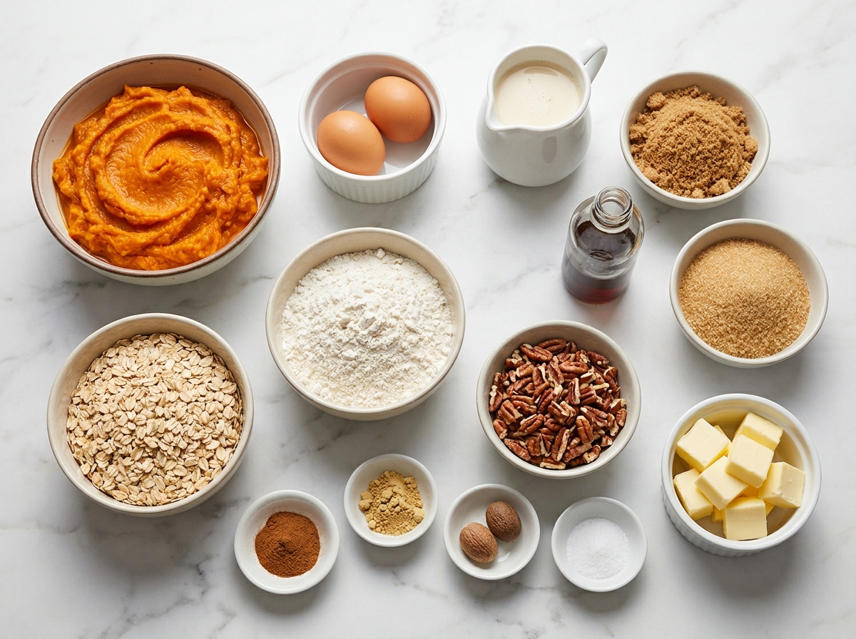Ingredients for pumpkin crisp with oats, pecans, spices, eggs, and pumpkin