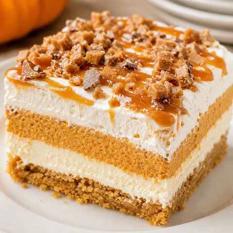 Layered pumpkin dessert with caramel and Heath toffee bits on a plate
