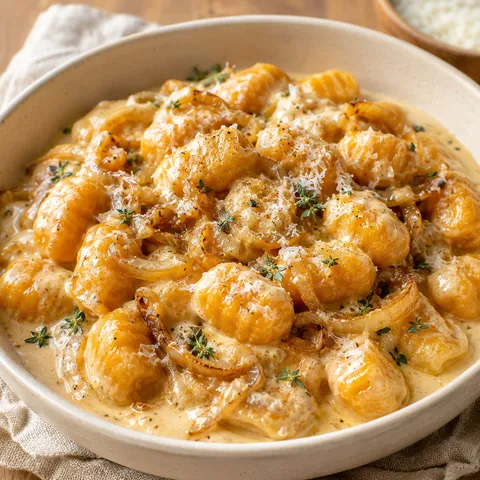 Pumpkin gnocchi in caramelized onion cream sauce with thyme