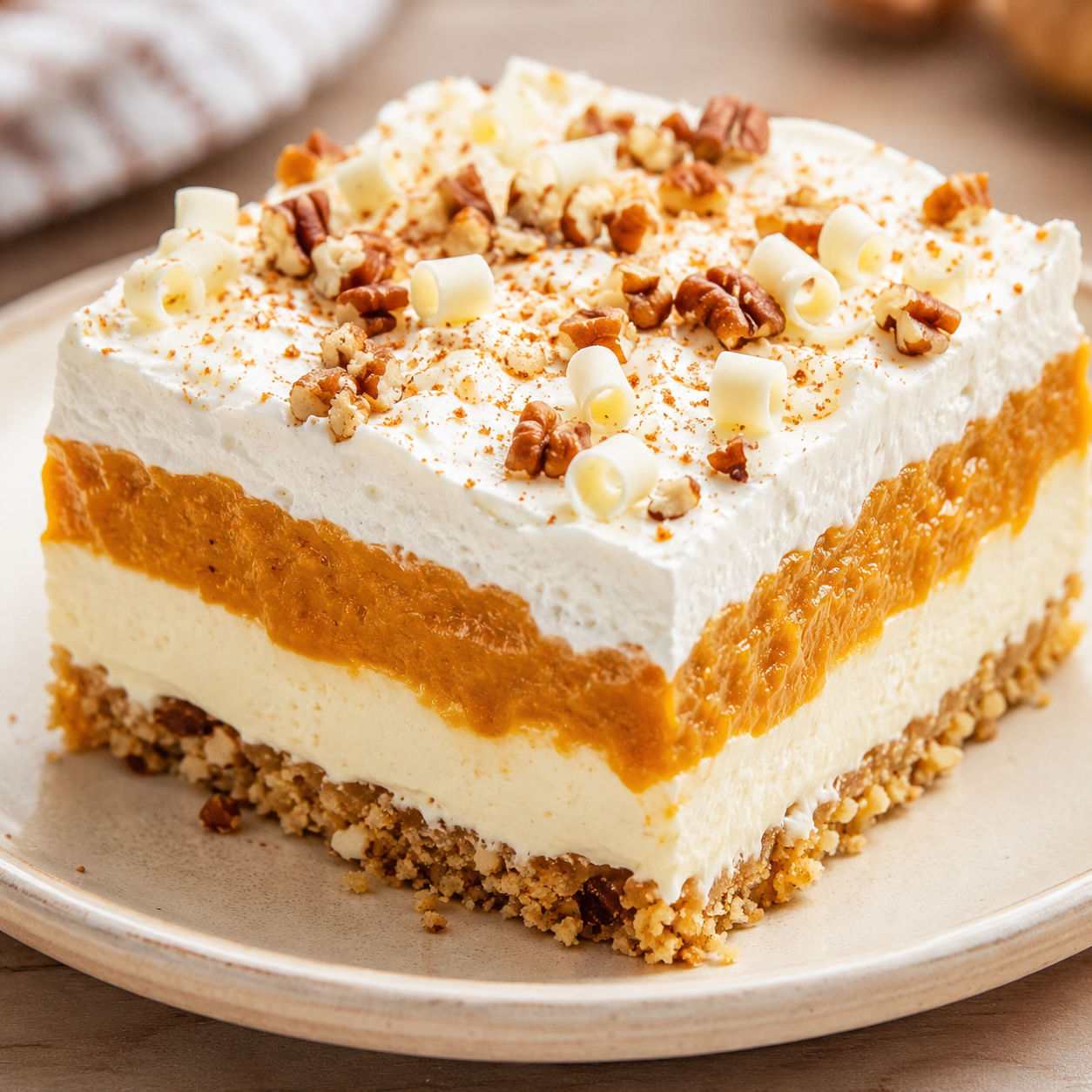 Pumpkin lasagna dessert slice with whipped topping, pecans, and white chocolate