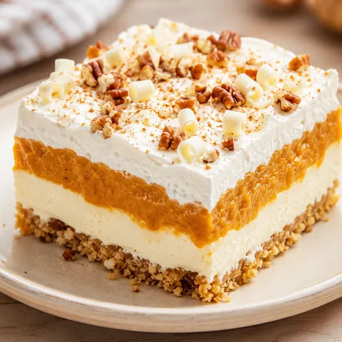 Pumpkin lasagna dessert slice with whipped topping, pecans, and white chocolate