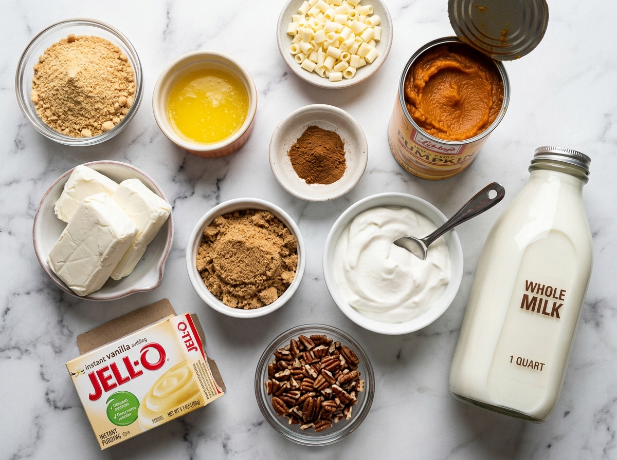 Ingredients for pumpkin lasagna dessert with cream cheese, pumpkin, and crumbs