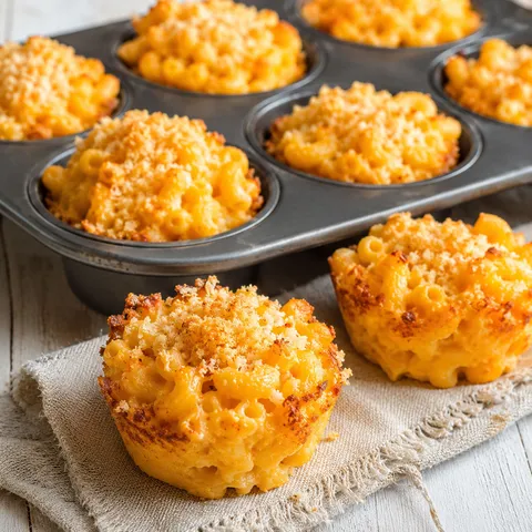 Golden baked pumpkin mac and cheese cups in a muffin tin with crispy panko topping