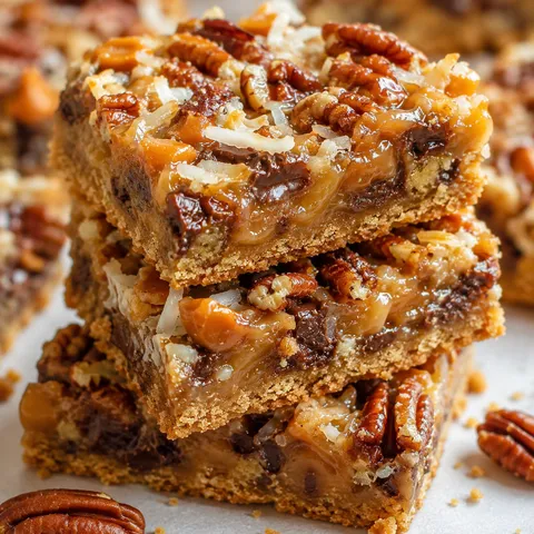 Pumpkin Magic Bars with chocolate, coconut, and pecans stacked on a plate