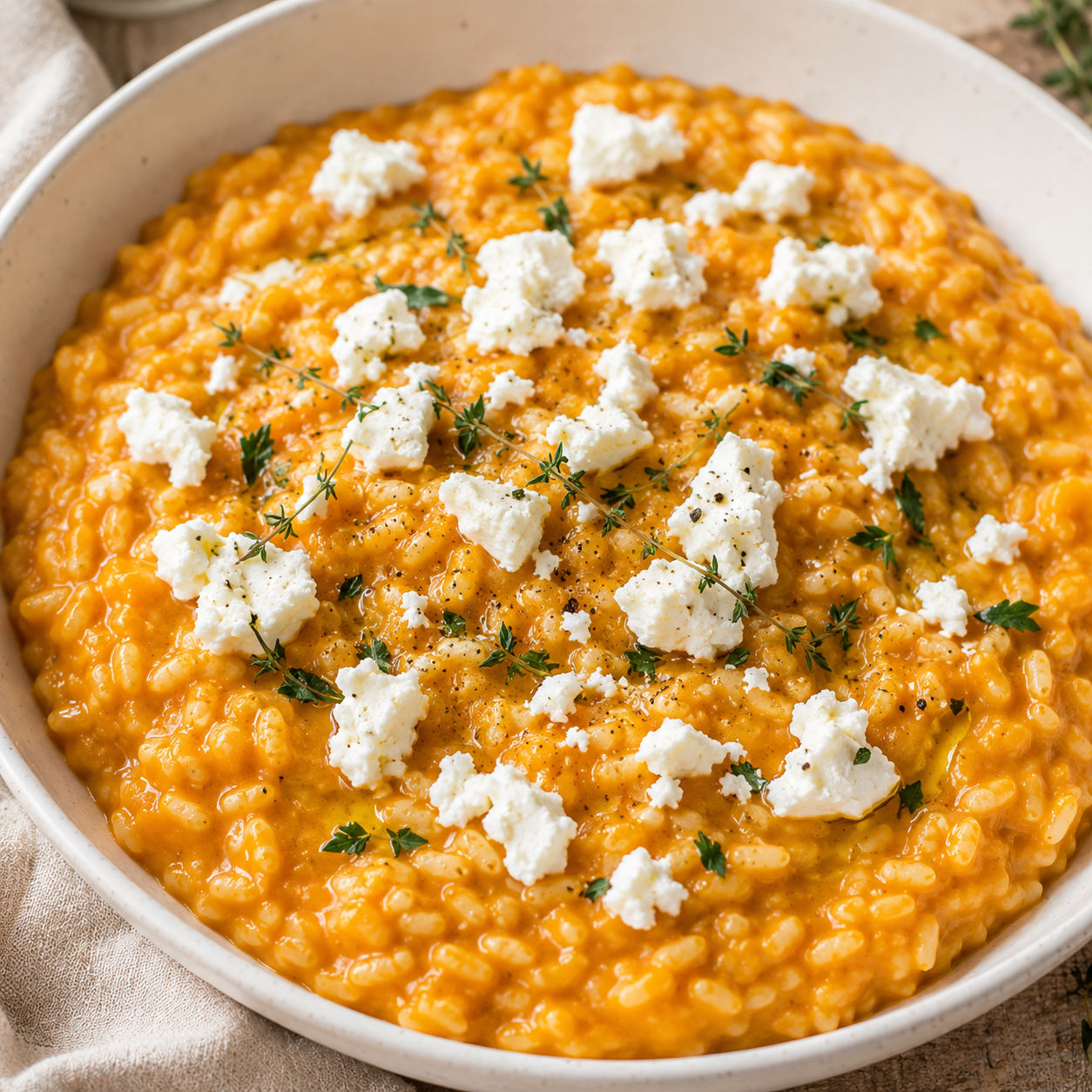 Creamy pumpkin risotto with crumbled goat cheese and fresh thyme in a white bowl