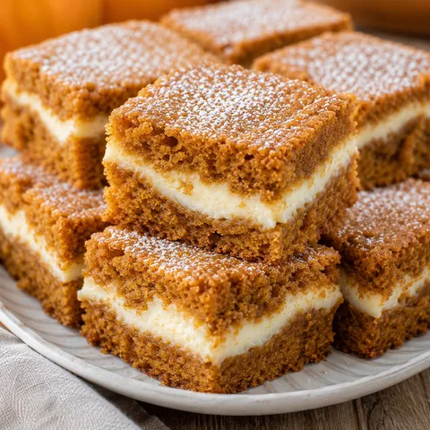 Pumpkin Roll Bars with cream cheese swirl and powdered sugar