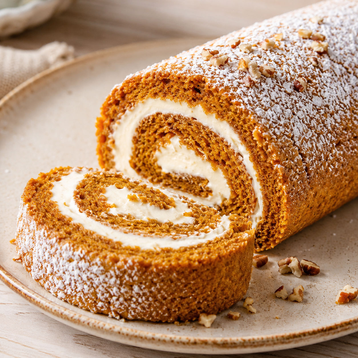 Pumpkin Roll slices with cream cheese filling and powdered sugar
