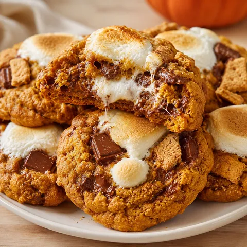 Pumpkin s’mores cookies with toasted marshmallows and melted chocolate