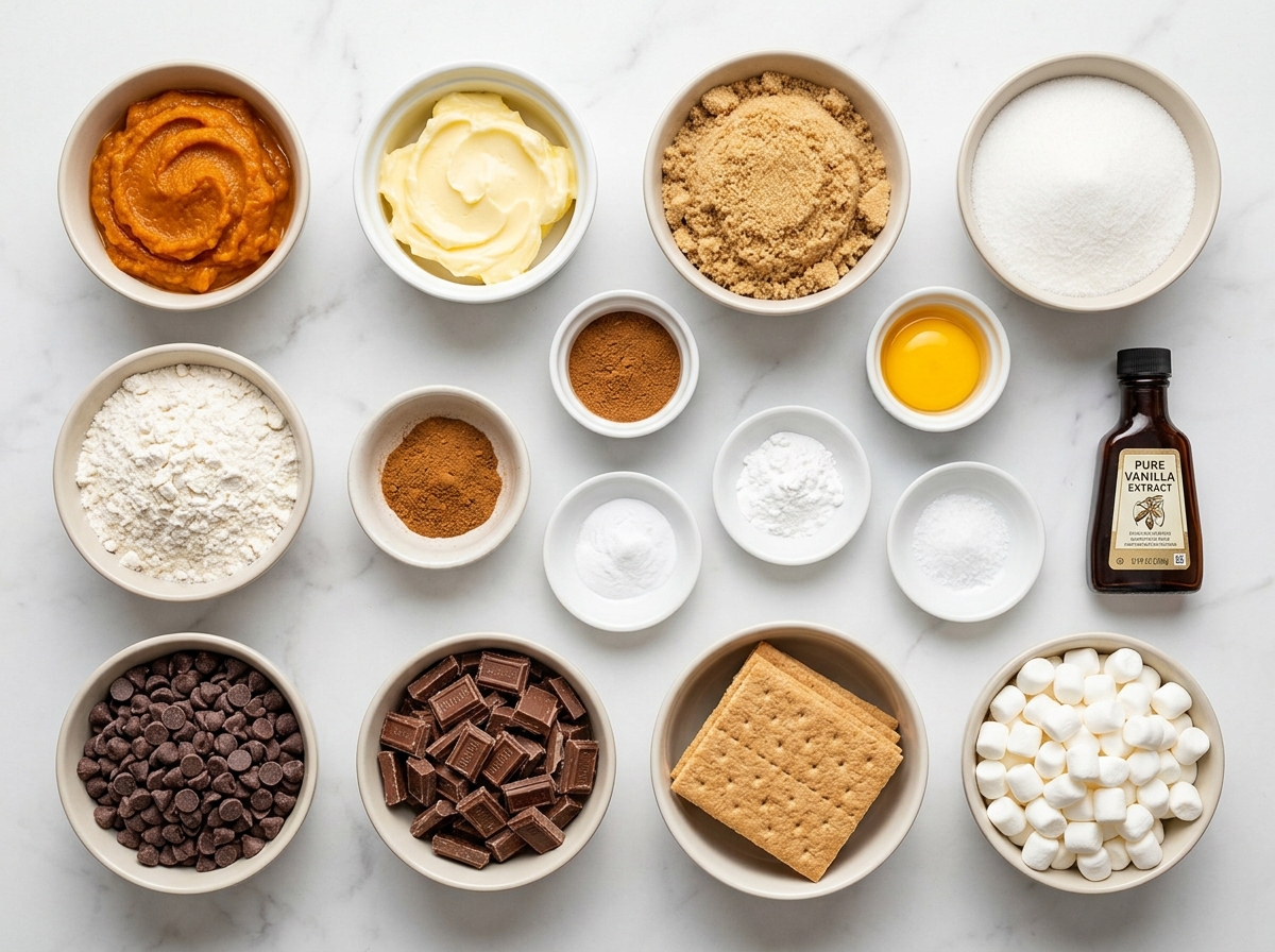 Ingredients for pumpkin s’mores cookies with chocolate and marshmallows