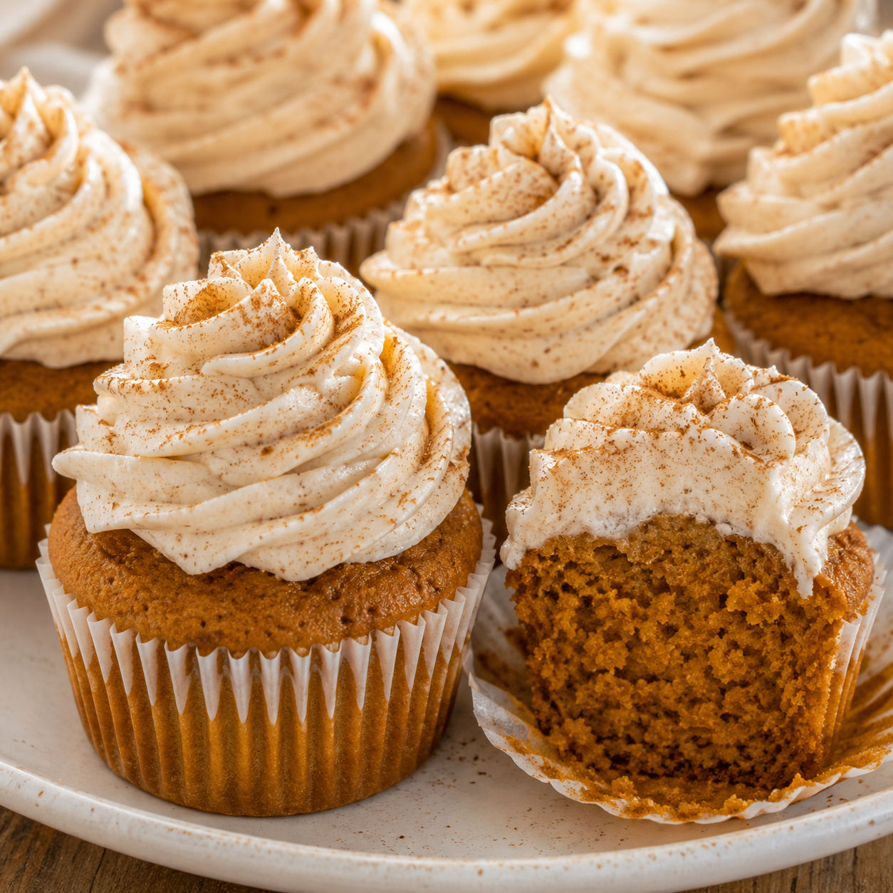 Pumpkin spice cupcakes with cinnamon cream cheese frosting and cinnamon dust
