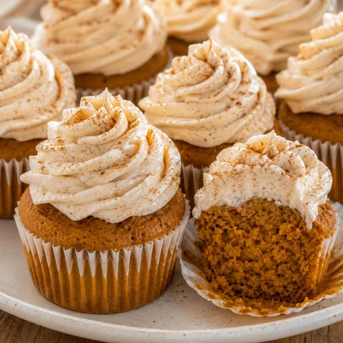 Pumpkin spice cupcakes with cinnamon cream cheese frosting and cinnamon dust