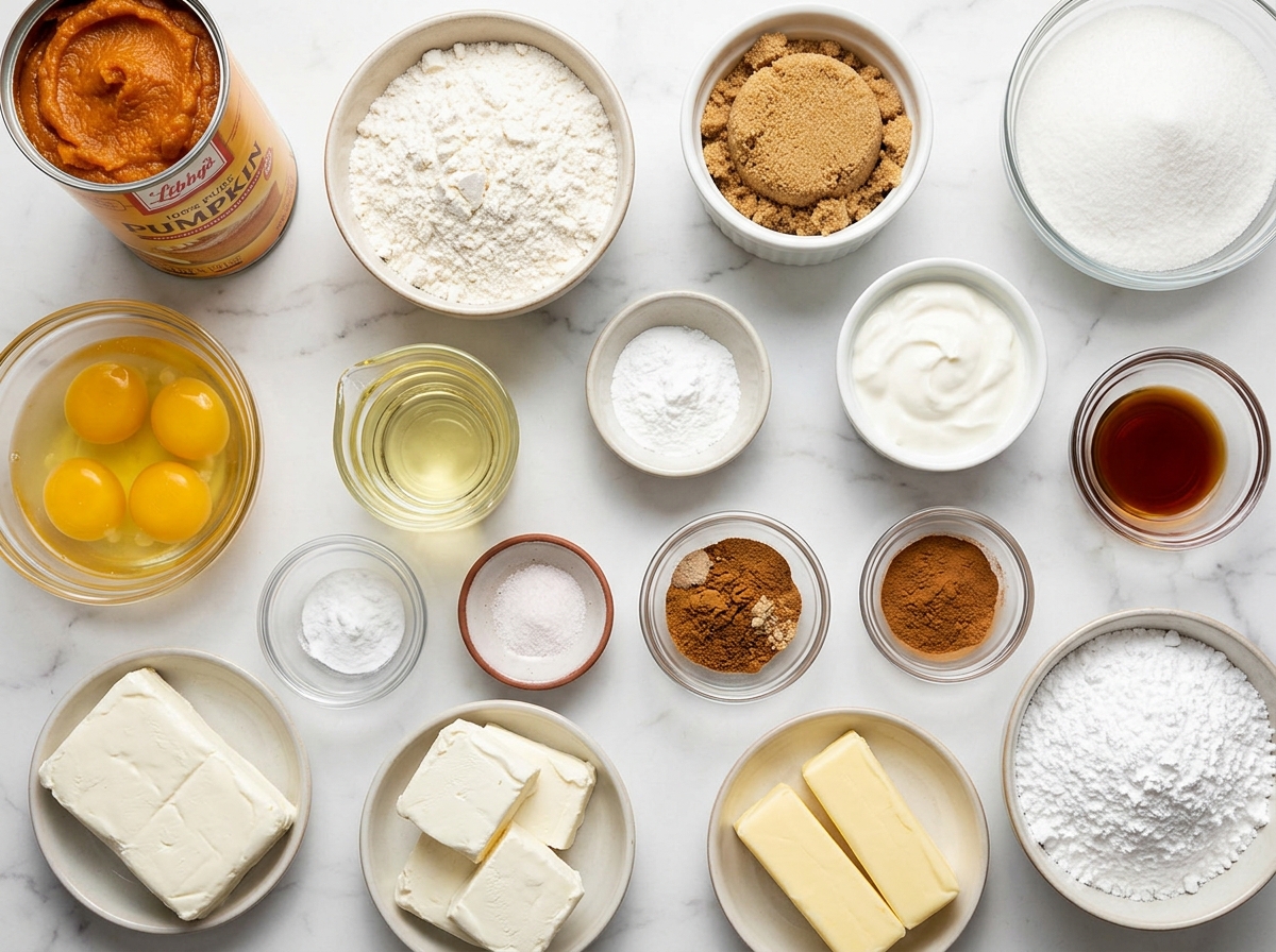 Ingredients for pumpkin spice cupcakes with cream cheese frosting on a table