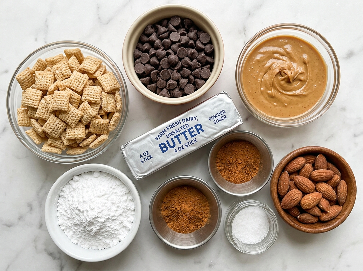 Ingredients for Pumpkin Spice Puppy Chow with cereal, chocolate, and spice
