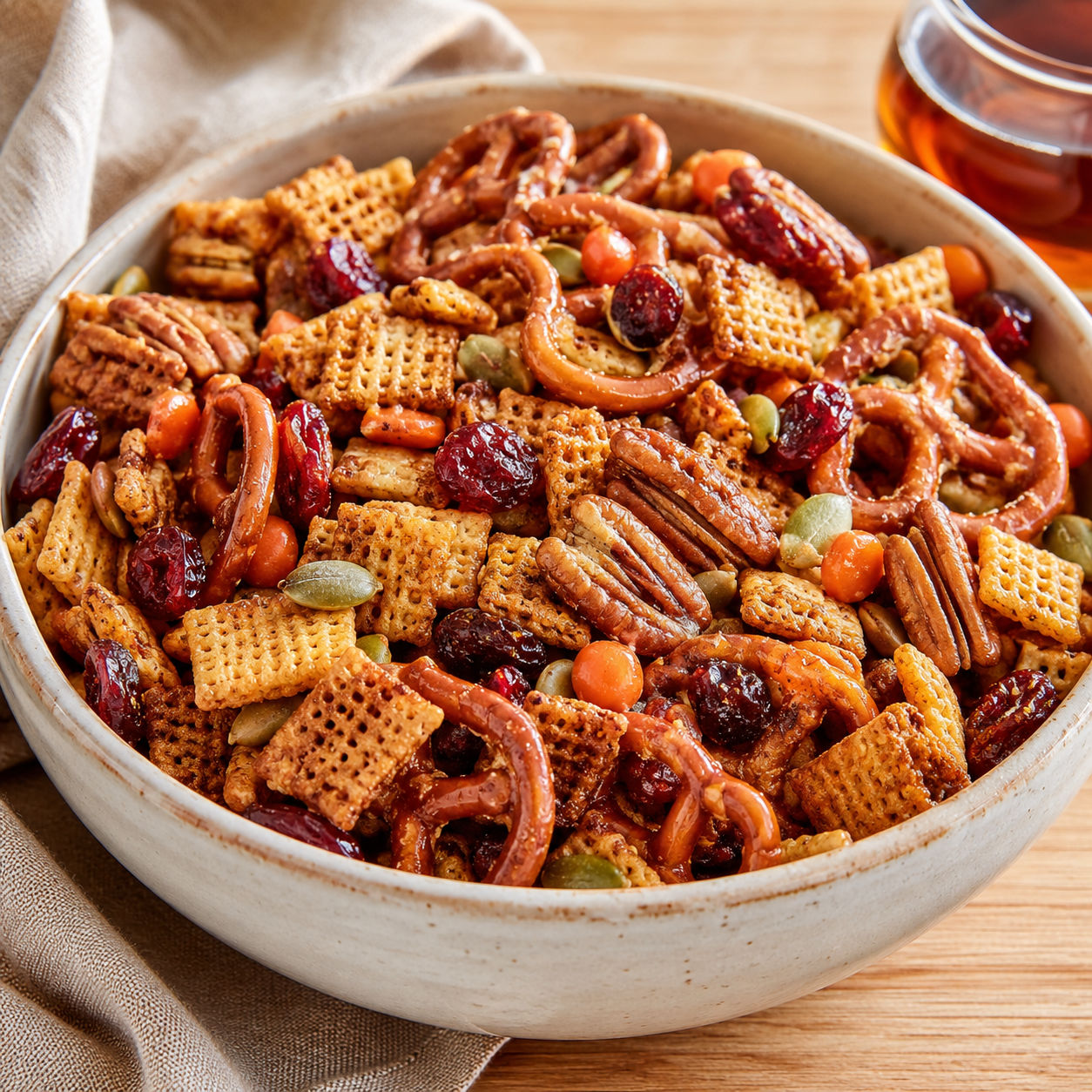 Pumpkin spice snack mix with pretzels, pecans, cranberries, and fall candy