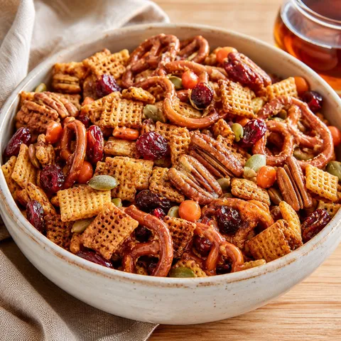 Pumpkin spice snack mix with pretzels, pecans, cranberries, and fall candy