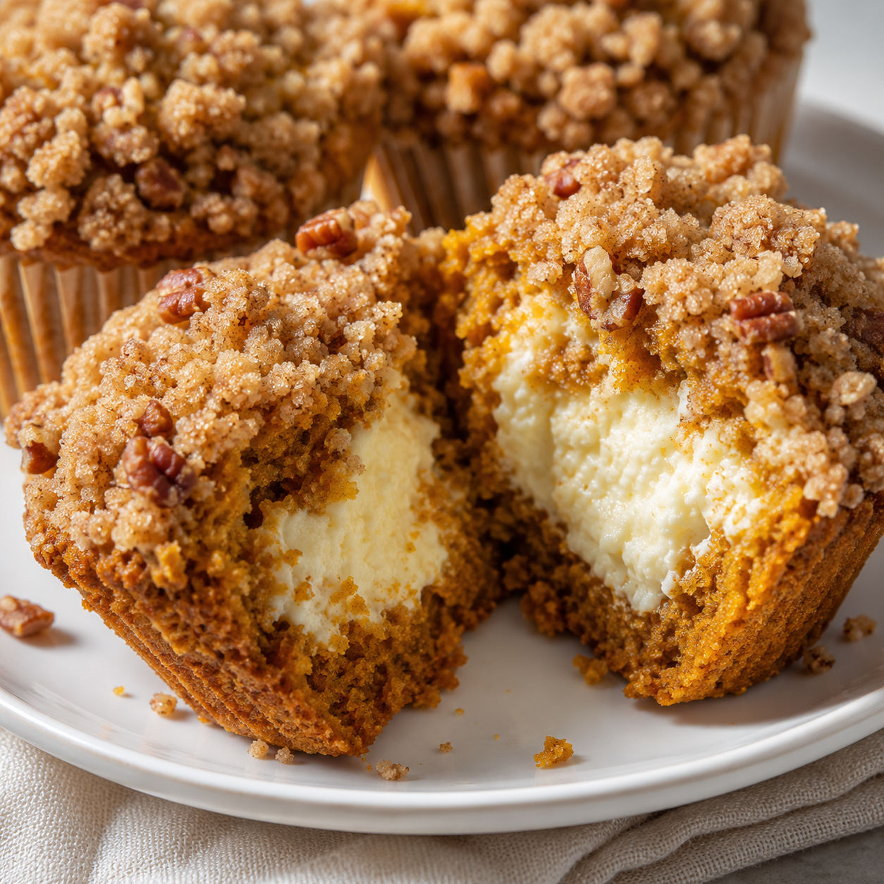 Pumpkin streusel muffins with cream cheese filling and pecan crumb topping