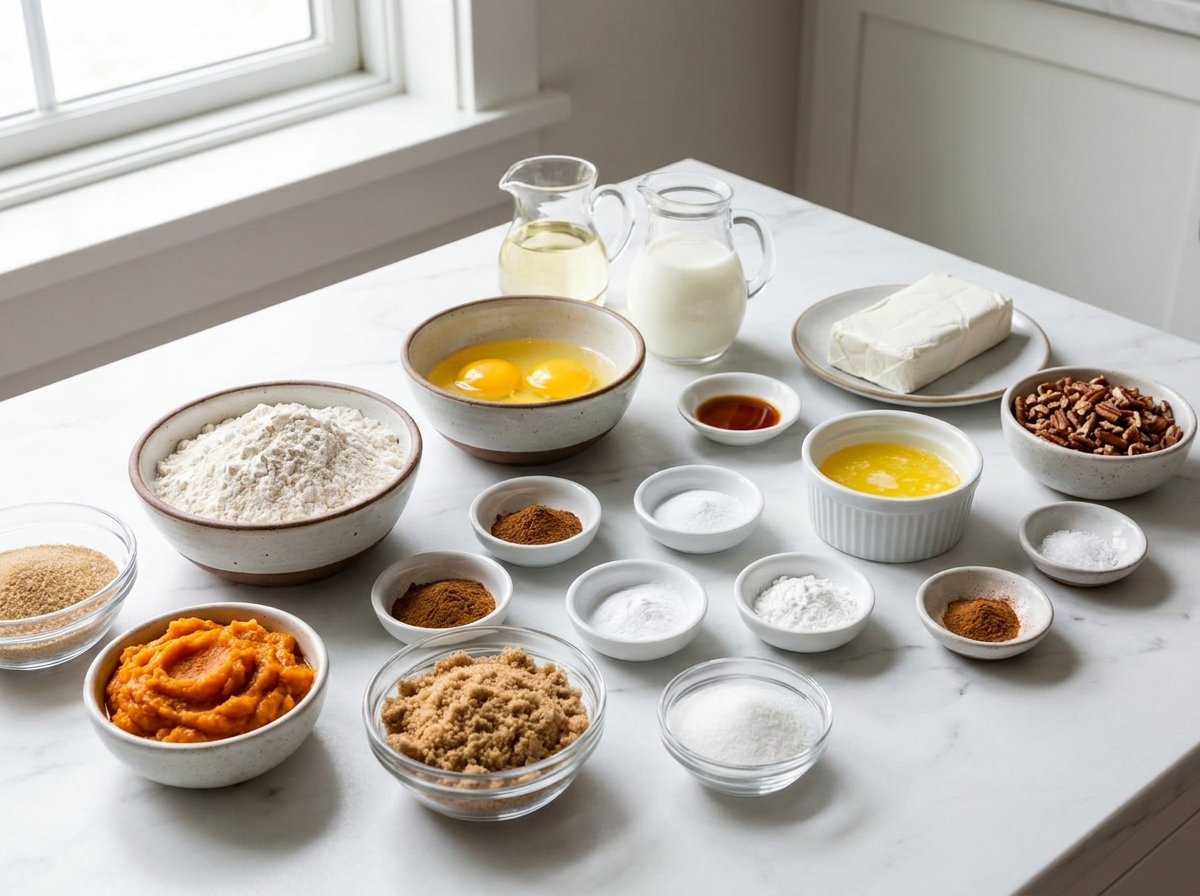 Ingredients for pumpkin cream cheese streusel muffins on a wooden surface