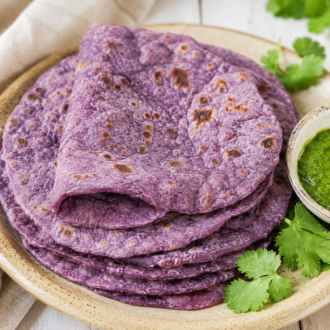 Purple sweet potato roti stacked with green chutney and cilantro