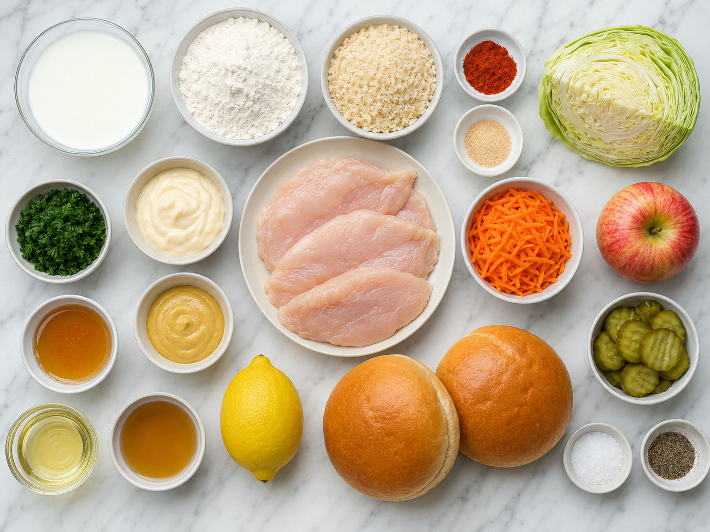 Ingredients for crispy chicken sandwiches with honey mustard slaw