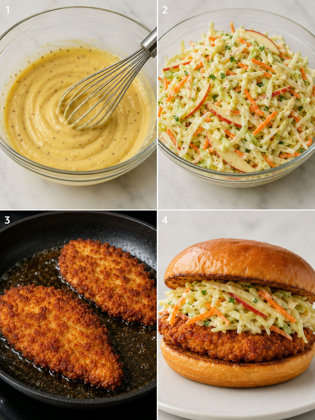 Four steps for making crispy chicken sandwiches with honey mustard slaw