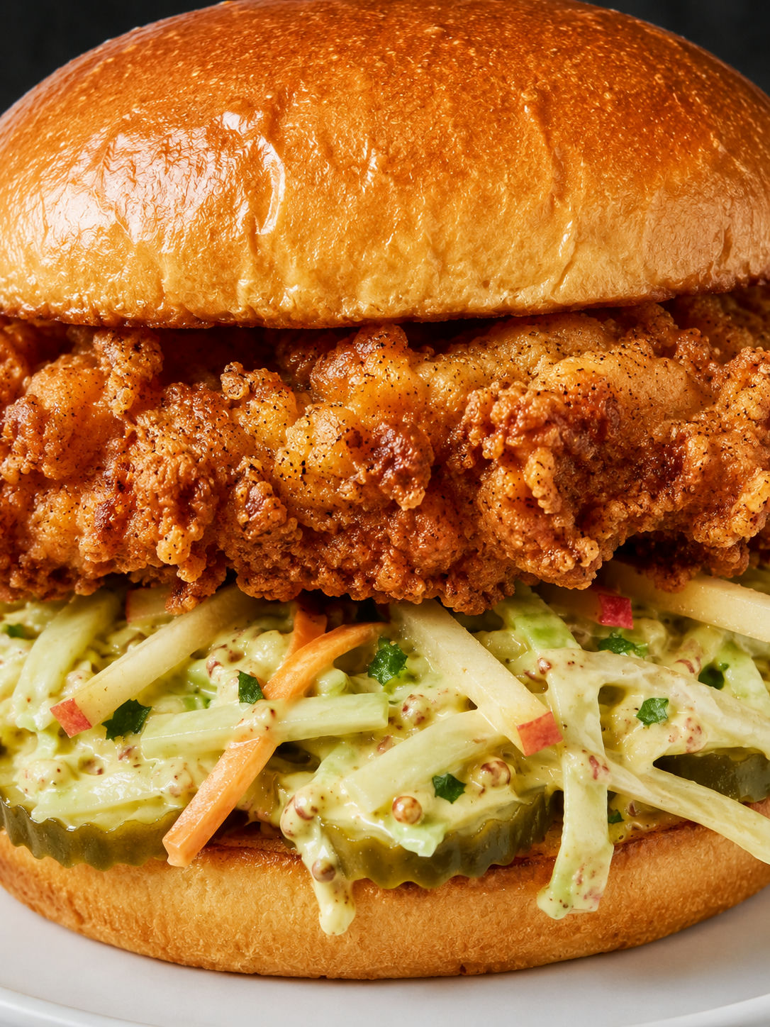 Tall crispy chicken sandwich packed with honey mustard slaw