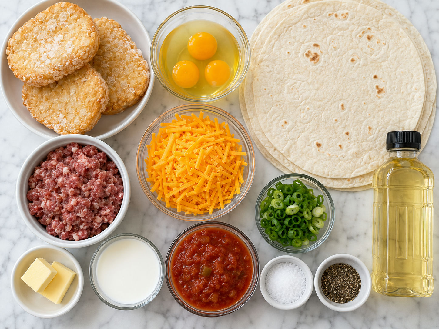 Ingredients for hash brown breakfast burritos on a wooden counter