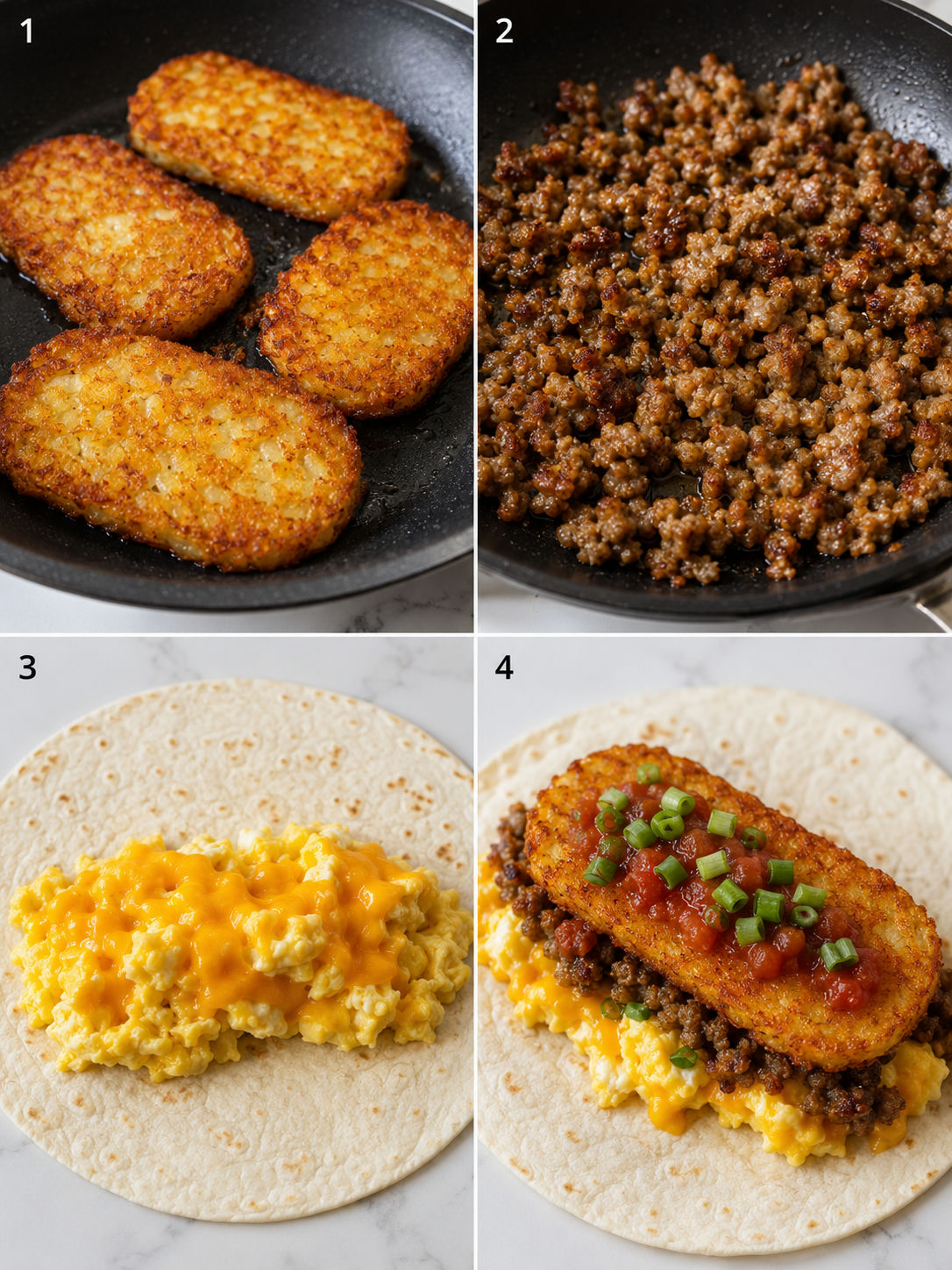 Four steps for making hash brown breakfast burritos