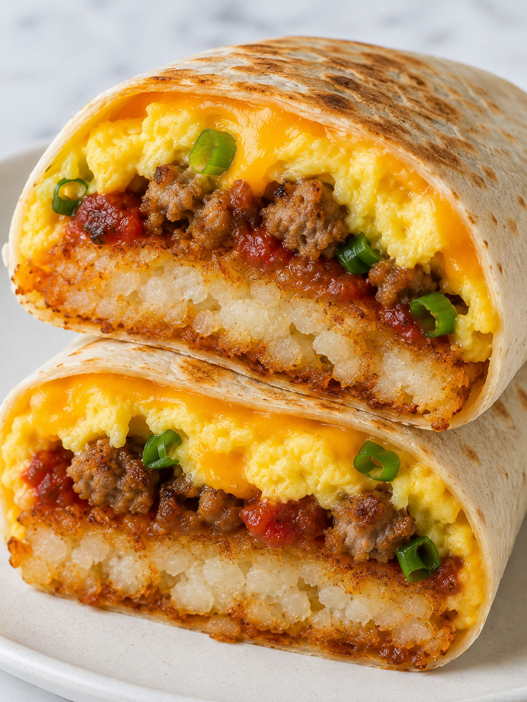 Hash brown breakfast burrito halves filled with eggs, sausage, and cheese