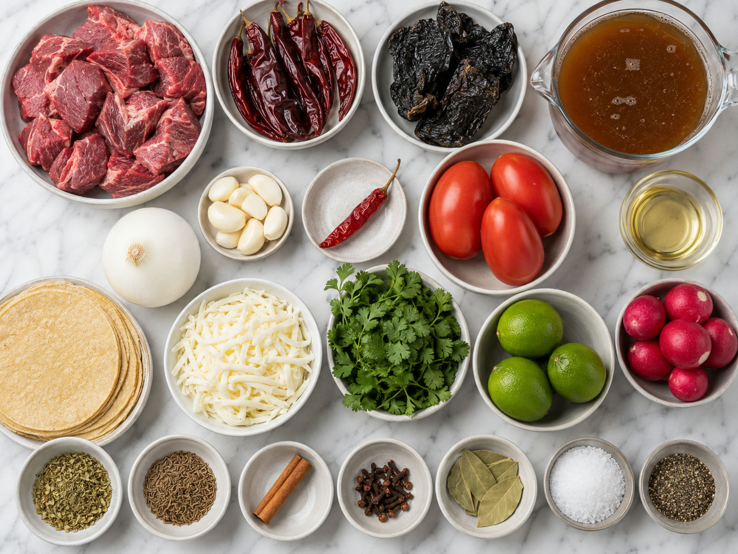 Raw ingredients for quesabirria tacos with beef, chiles, cheese, and tortillas