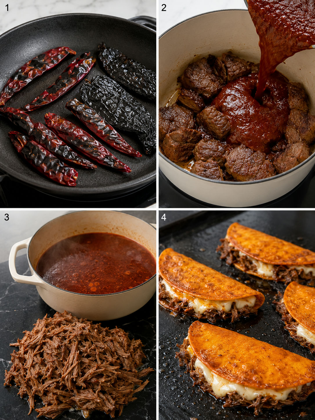 Four cooking steps for quesabirria tacos from toasted chiles to frying tacos