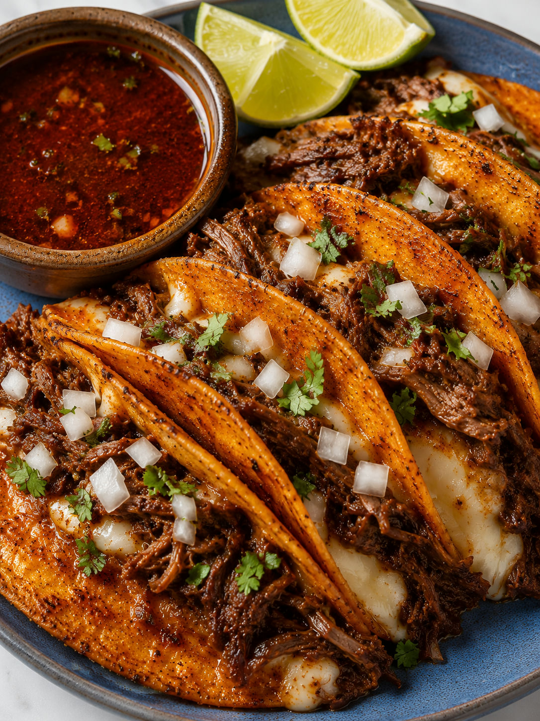 Crispy quesabirria tacos with melted cheese and red consome