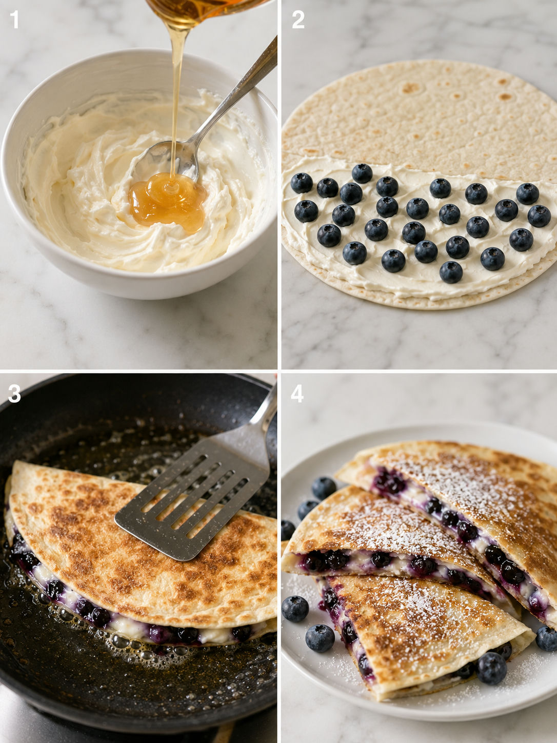 Four cooking steps for blueberry breakfast quesadilla from mixing cream cheese filling to golden sliced wedges
