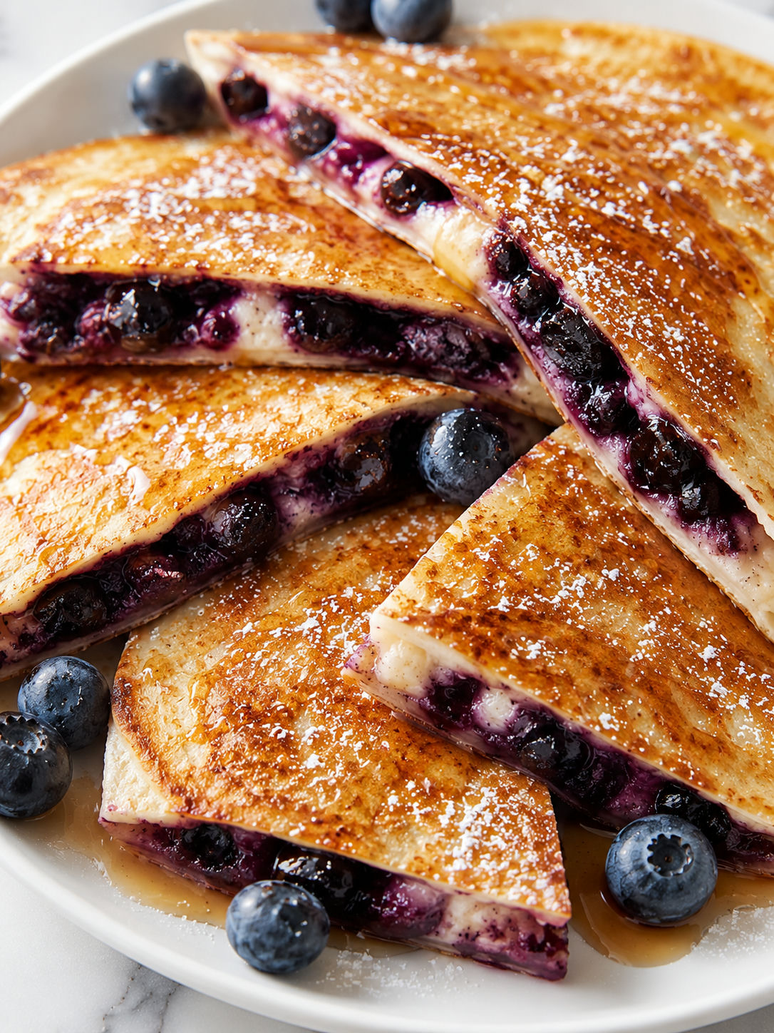Golden blueberry breakfast quesadilla wedges with powdered sugar and fresh blueberries close up