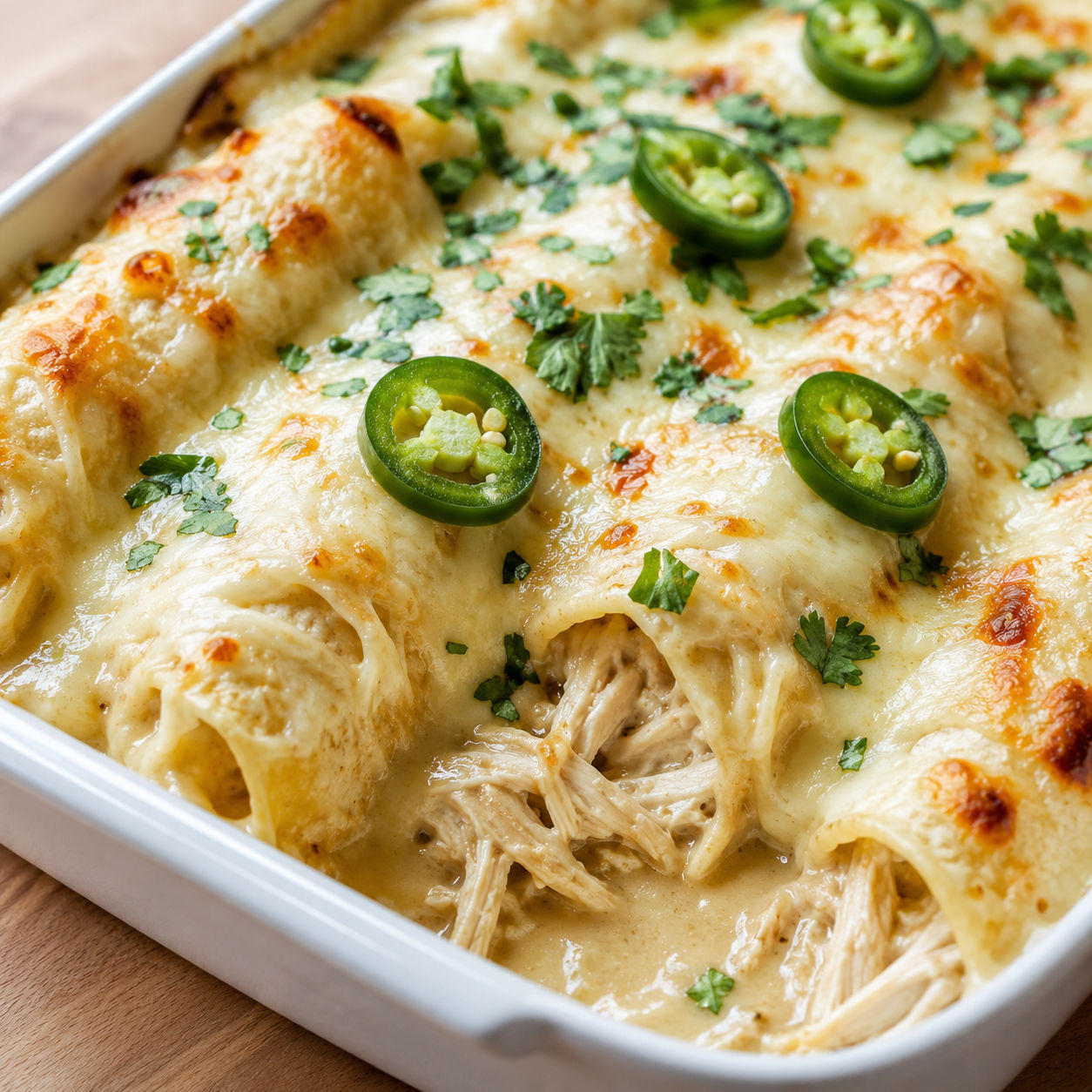 Queso chicken enchiladas with melted cheese, cilantro, and jalapenos