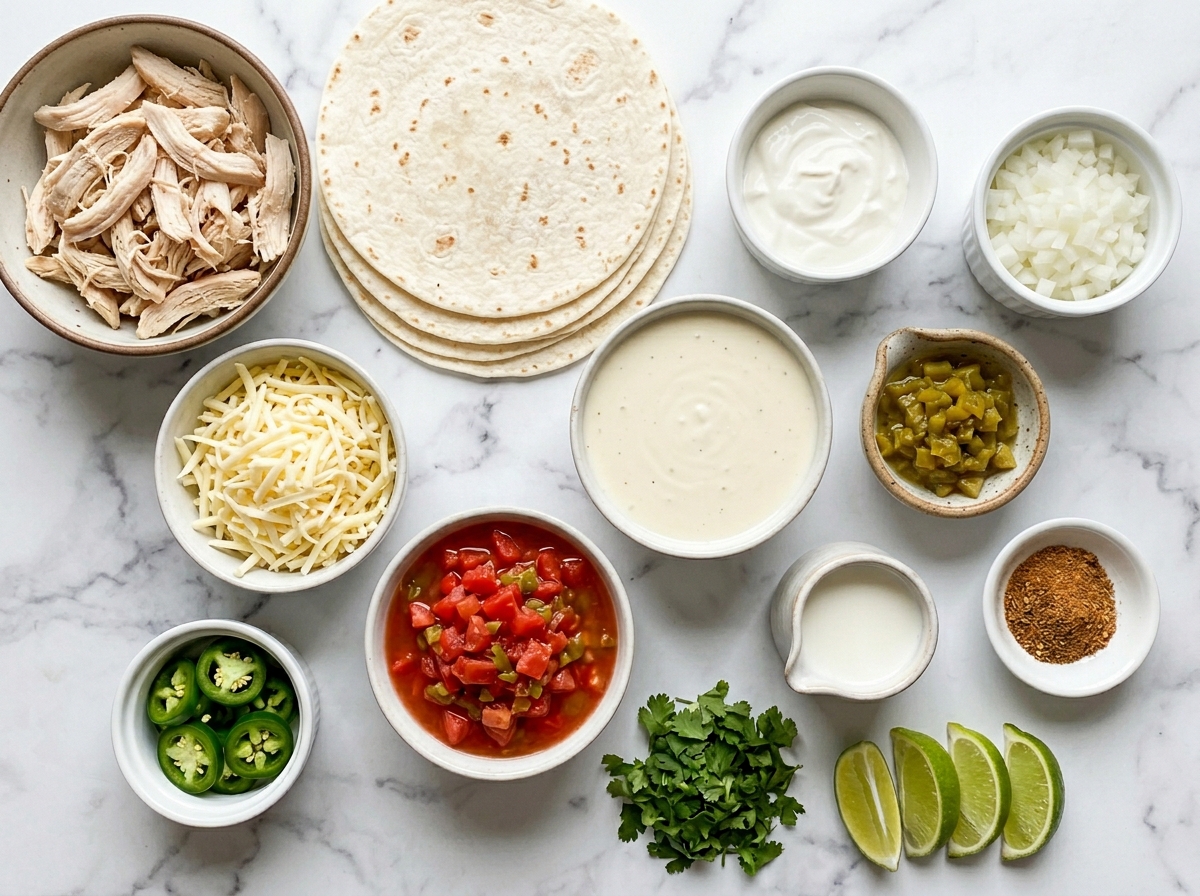 Ingredients for queso chicken enchiladas with tortillas, chicken, queso, and chiles