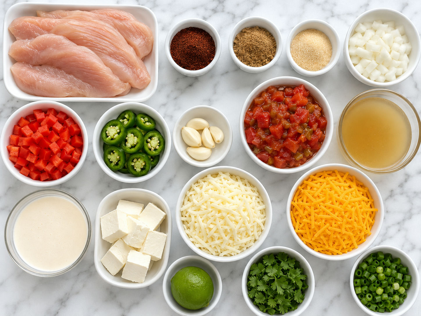 Ingredients for queso smothered chicken with peppers, cheese, and lime